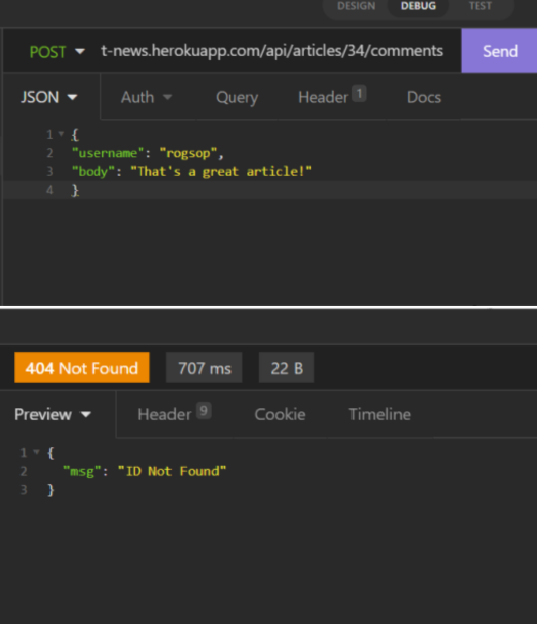 An example post request to a non-existent user returns an error