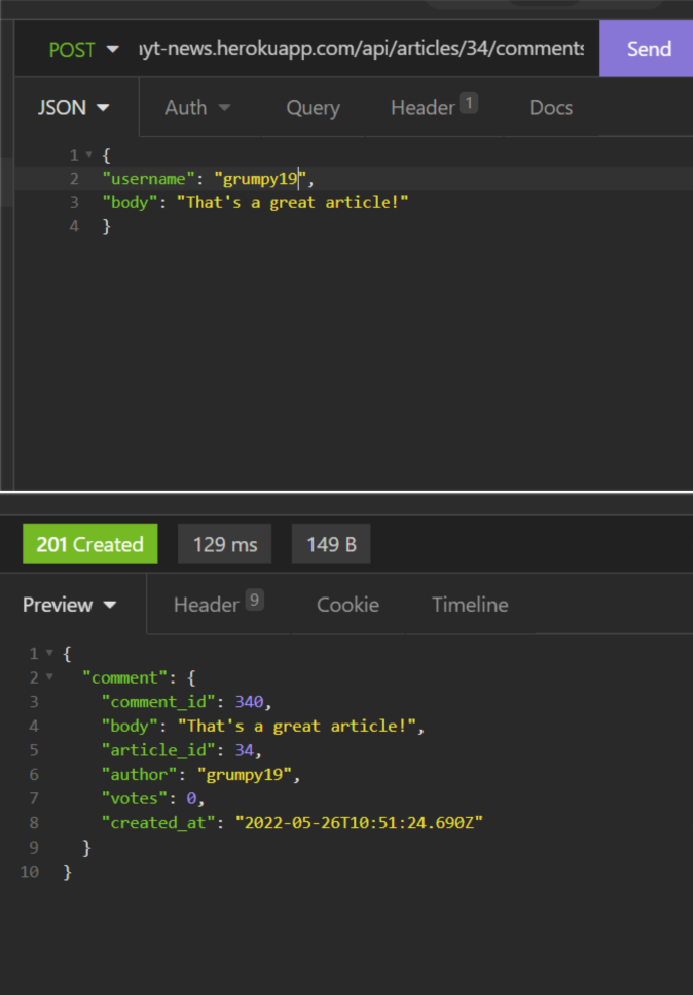 An example post request to an existing user returns the entry that's added to the database