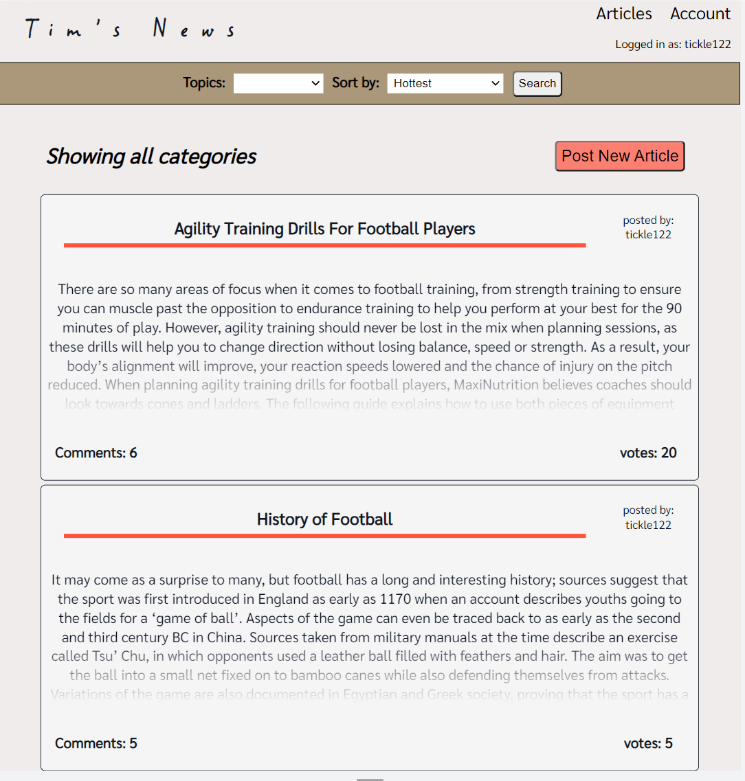 Users can view articles posted by other users, and can search by topic or order by other metrics