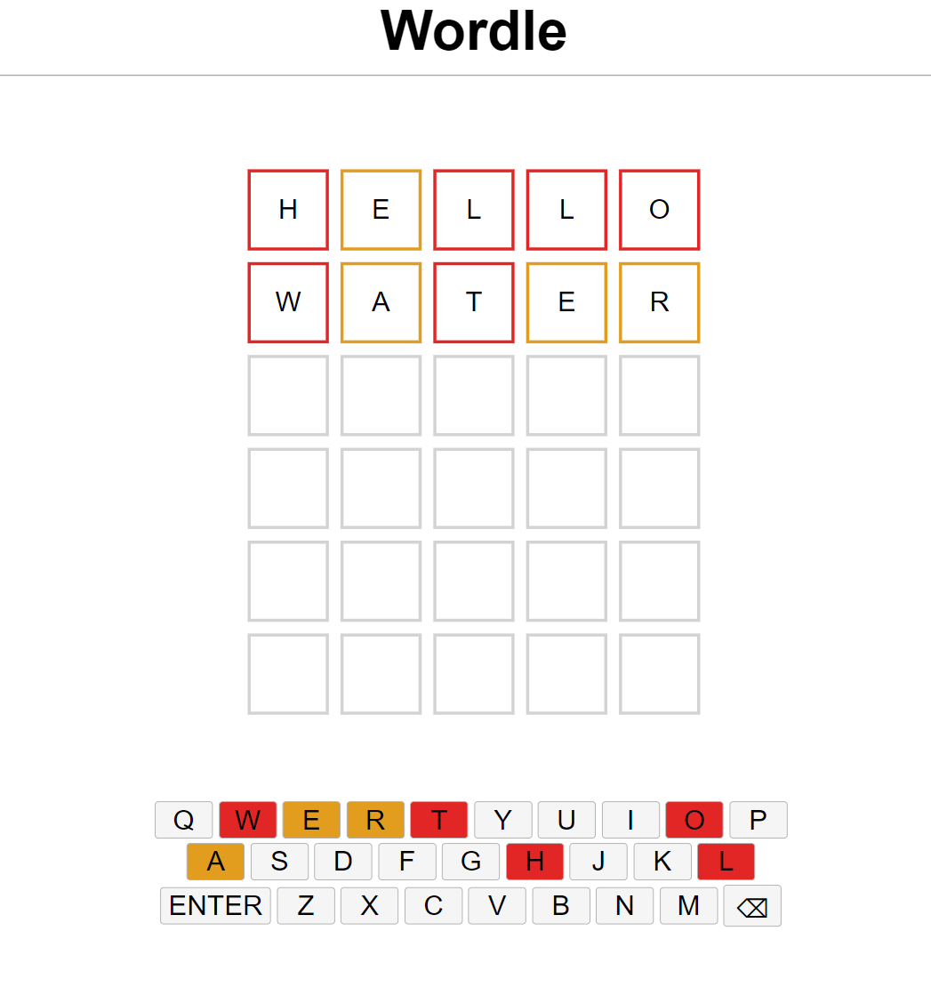 User enters a word, red indicates an incorrect letter, orange a correct letter in the wrong position
